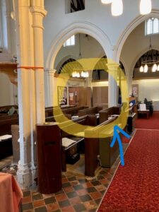 Image shows the view in to a traditional stonebuilt church. Marking up indicates an area to the back left of the image